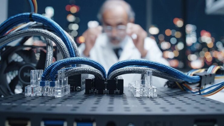 A Focused Technician Analyzing Connectivity on a Custom Computer Setup with Colorful Cables and High-Tech Components in a Modern Lab Environment