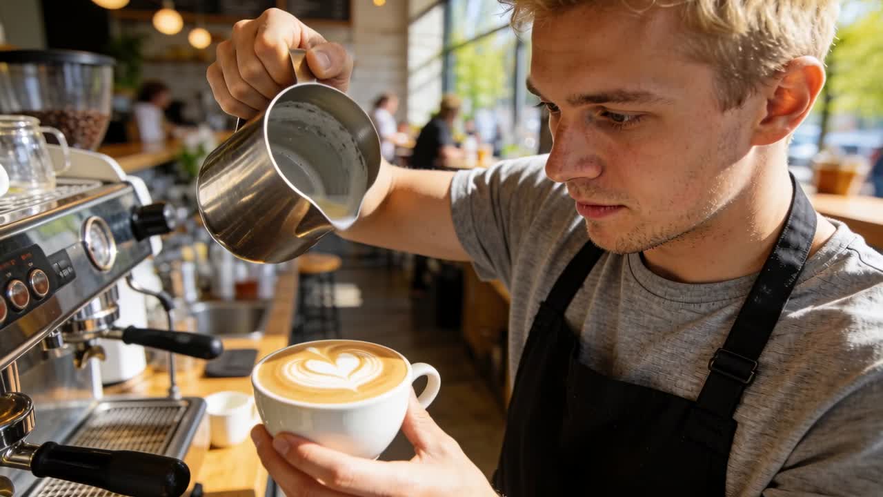 Male barista tilting milk pitcher and pouring milk into cup, forming heart for cafe patrons