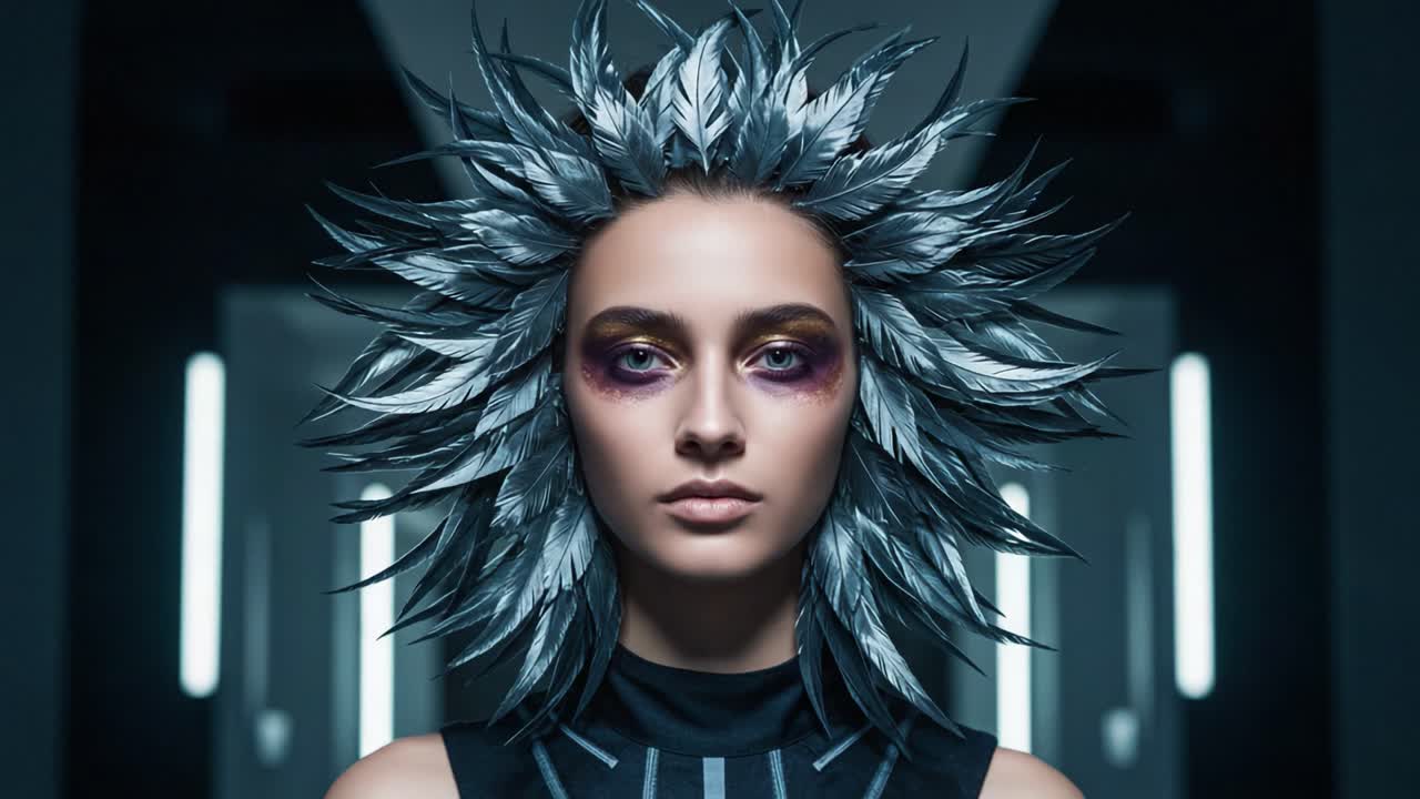 A Futuristic Portrait of a Model with Edgy Feathered Hair and Dramatic Makeup in a Dark, High-Tech Environment