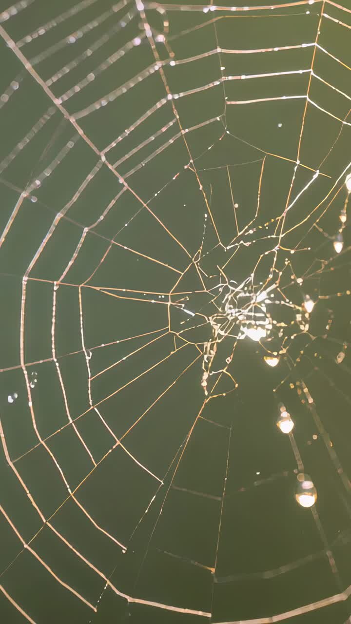 Vertical video: Shifting camera revealing orb web hub in garden, capturing dew droplets' highlights