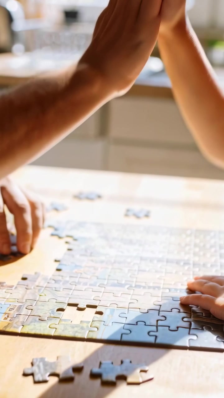 Vertical video: Placing piece, adult and child hands high-five and solving puzzle on kitchen table