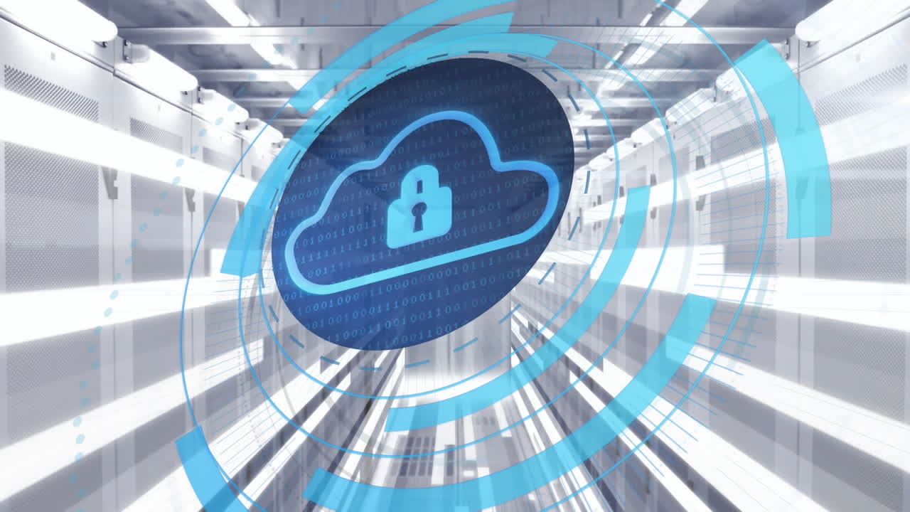 Animation of clouds with digital padlock in circle over servers and lights