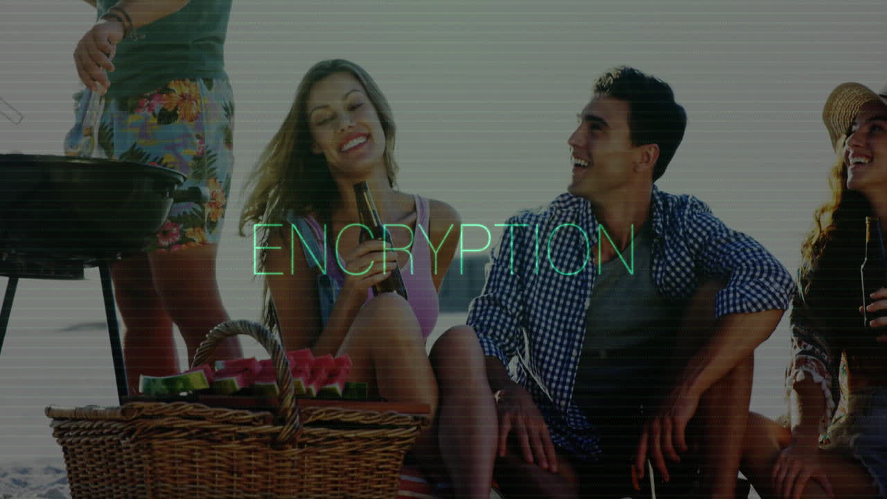 Animation of people having picnic with encryption text overlay in park scene