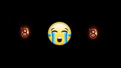 animación digital del emoji de la cara llorando y el número ocho en el icono de fuego contra un fondo negro