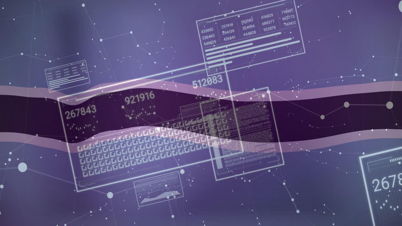 Animation of digital data and coding elements floating over network background