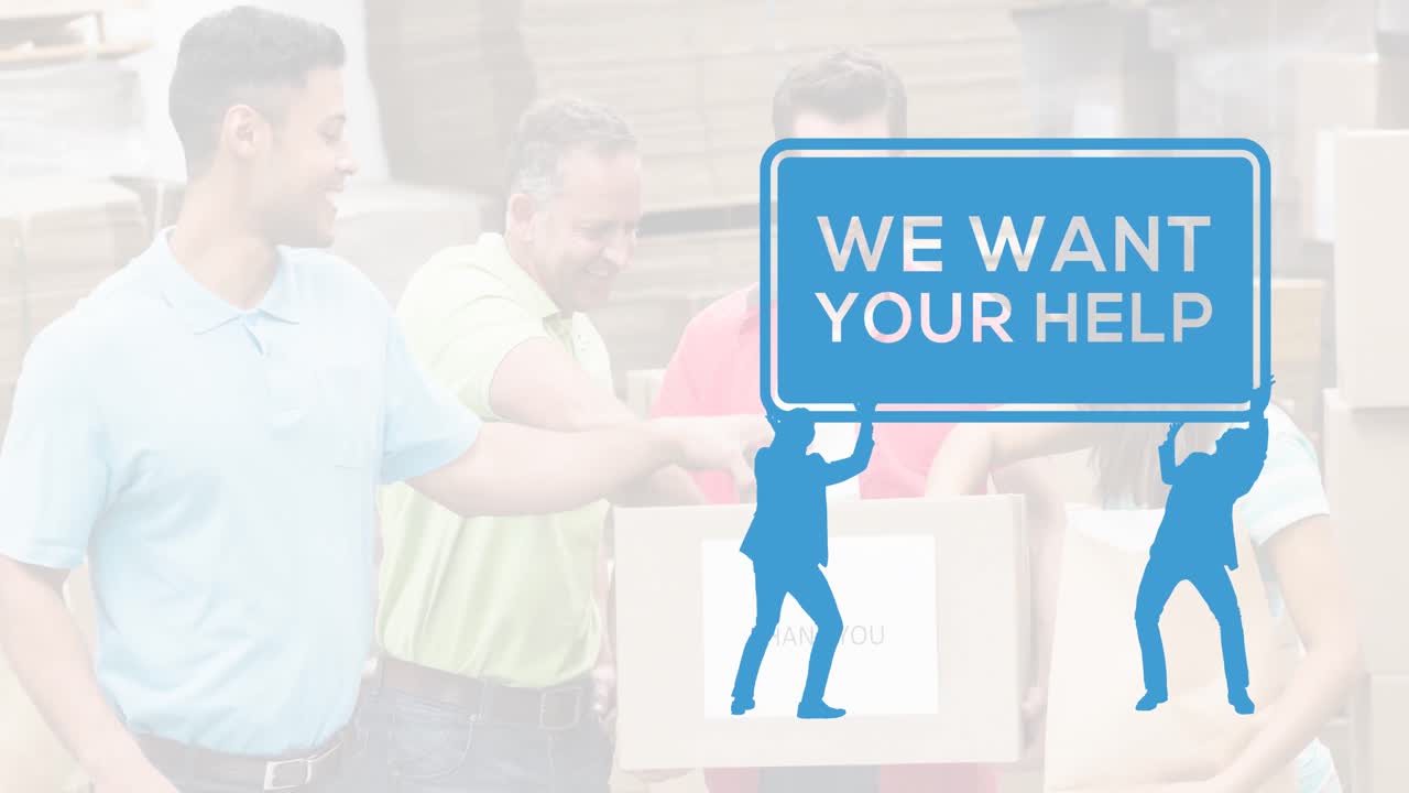 Animation of diverse group of volunteers over we want your help text