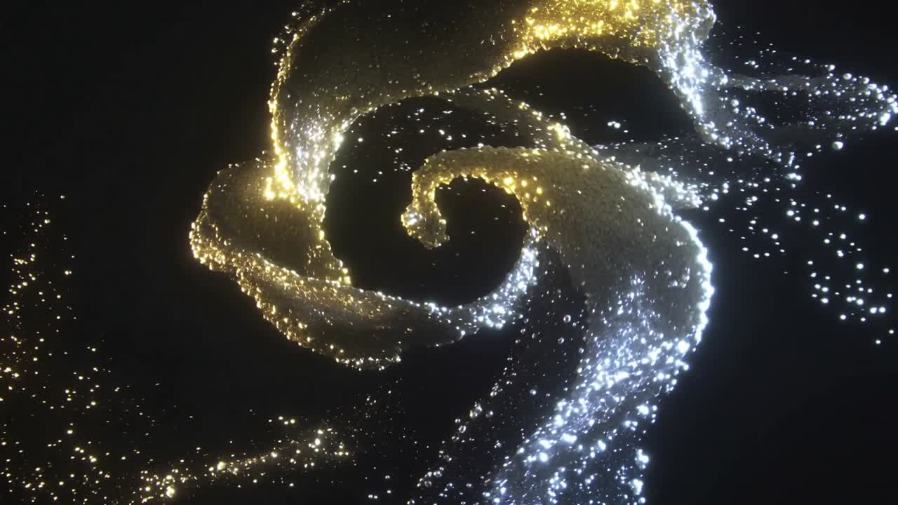 Nastro di particelle oro-argento che si uniscono, formando una spirale che si stringe in un vuoto nero, lasciando una scia di scintille.