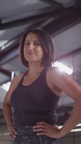 retrato de video vertical de una mujer madura sonriente con ropa de fitness de pie en el gimnasio lista para hacer ejercicio 3