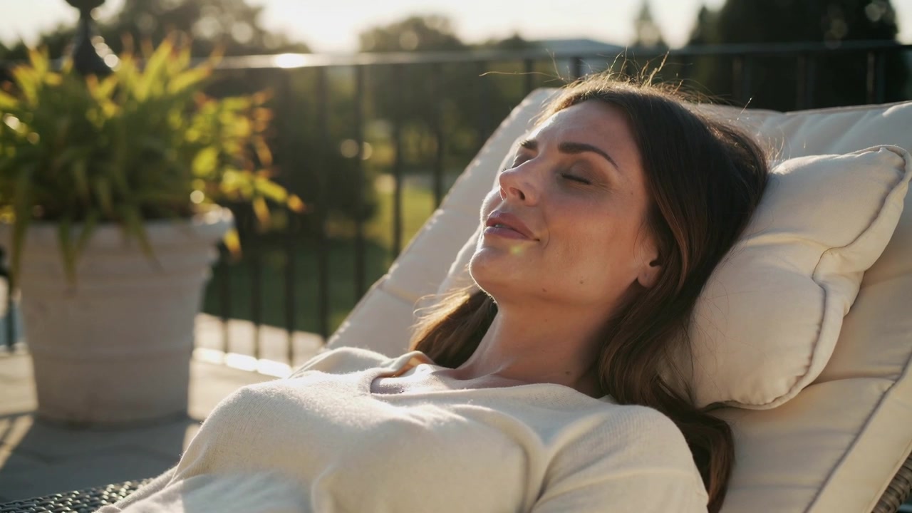 Mujer recostada con suéter respirando en la terraza, el sol dibujando una leve sonrisa, planta en tumbona