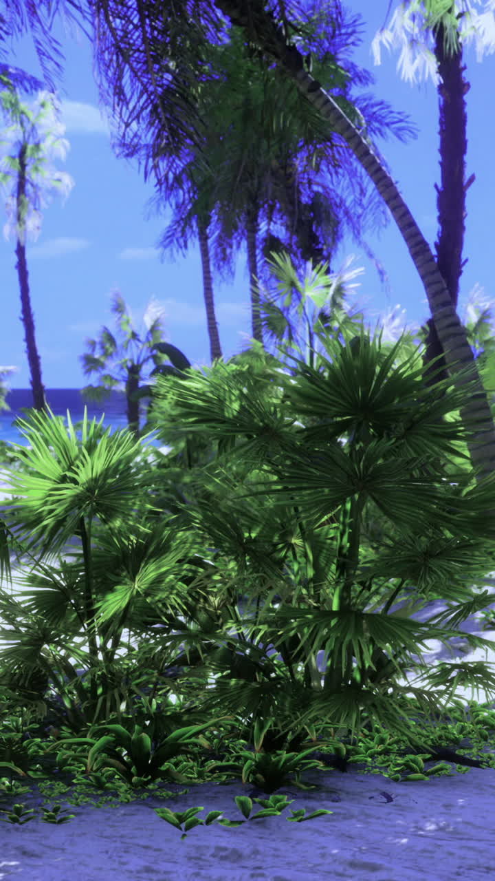 Lush tropical landscape with palm trees and vibrant greenery under bright sky