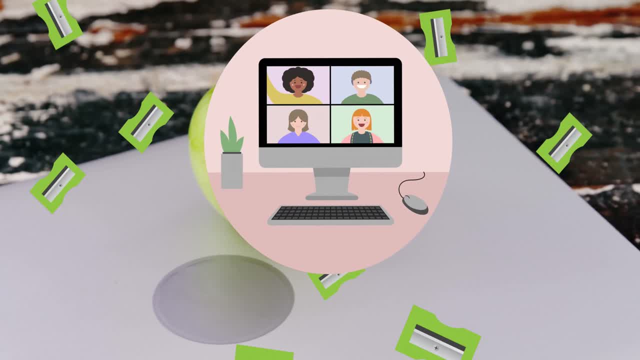 책상 에 있는 사과 와 노트북 위 에 있는 학교 물건 아이콘 의 애니메이션