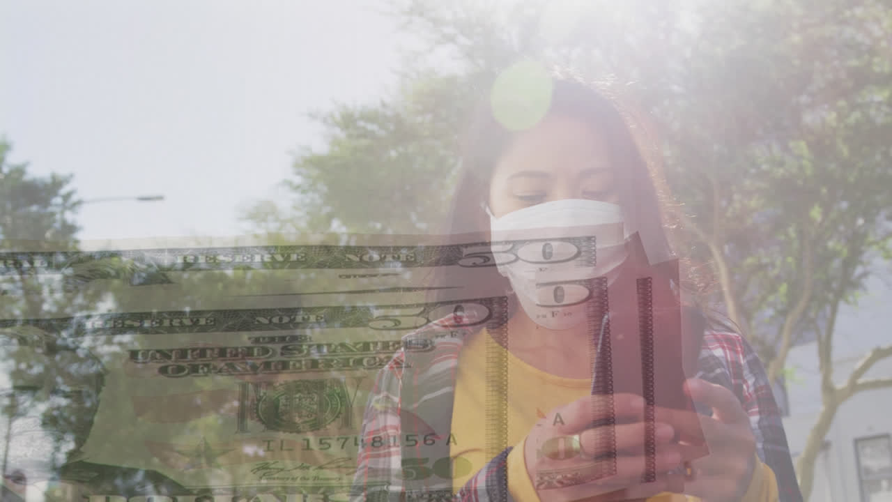 video compuesto digital de un hombre contando billetes de dólar estadounidense contra una mujer con una máscara facial