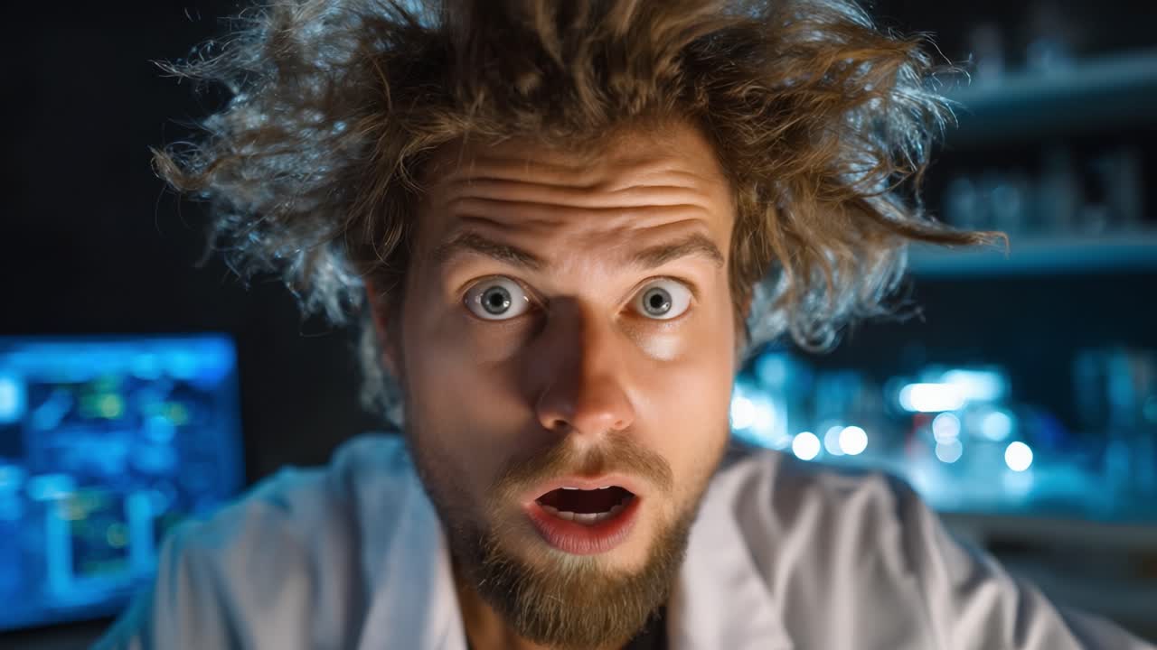A Curious Scientist with Wild Hair Displays Excitement and Wonder in the Laboratory, Capturing the Essence of Discovery and Innovation in His Expression