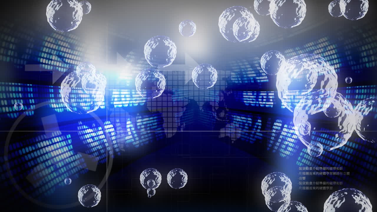 파란색 배경에 화살표와 주식 시장 위의 거품의 애니메이션