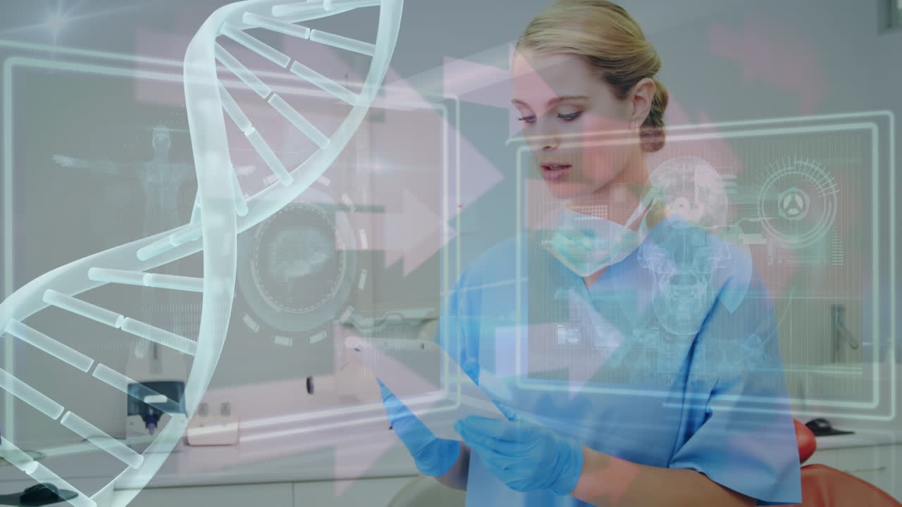 анимация обработки медицинских данных над женщиной-стоматологом