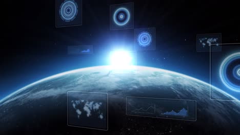 Animación-De-Escaneo-De-ámbitos,-Mapa-Mundial,-Procesamiento-De-Datos-En-Pantallas-Sobre-El-Globo-Con-Horizonte-Brillante