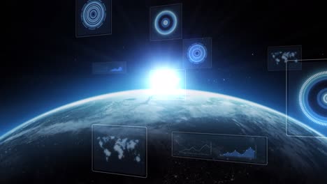 animation of scopes scanning, world map, data processing on screens over globe with glowing horizon
