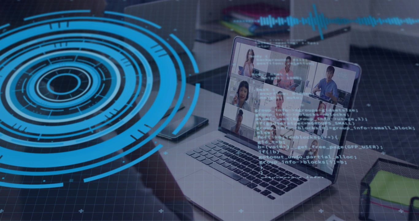 Equipe em chamada visualizando grade de laptops enquanto o HUD pulsa, causando rolagem de sobreposição de código para reunião de tecnologia