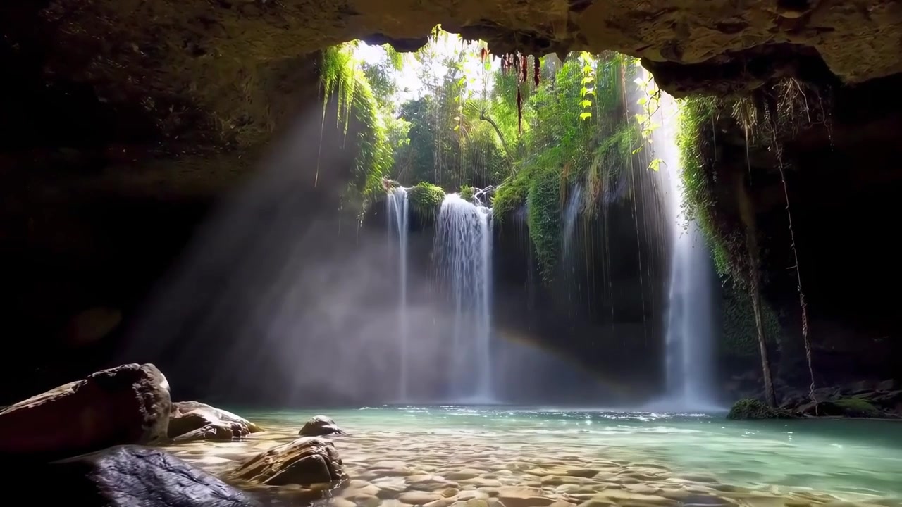 Raios de sol entrando em uma caverna escondida com cachoeira tropical