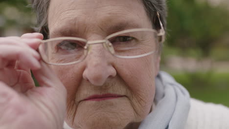 close up portrait of caucasian elderly woman putting on glasses looking at camera