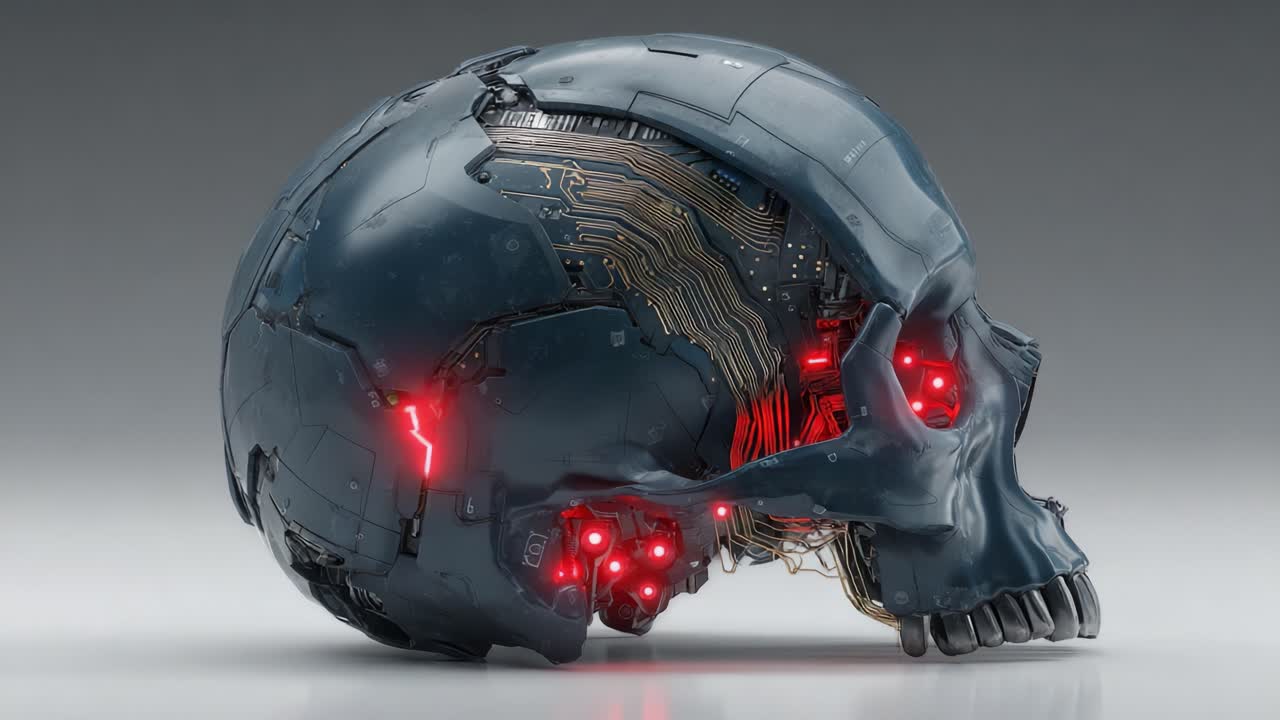 Teschio cibernetico futuristico: Un viaggio visivo straordinario dalla robotica avanzata all'intelligenza artificiale in design simili a quelli umani che presenta circuiti complessi e dettagli illuminati