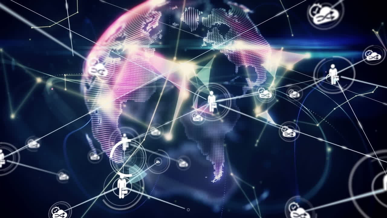 Animation of connections with icons over rotating globe
