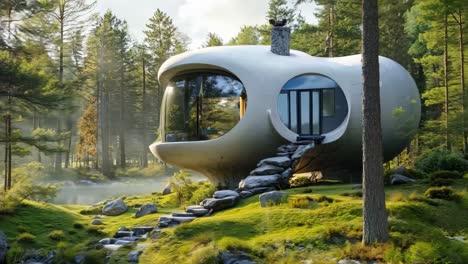 a house in the middle of a forest next to a river