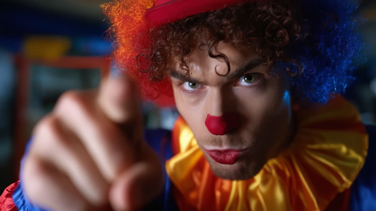 Intense Clown Gesture: A Focused Performer in Vivid Colors Emphasizing Their Message with a Firm Pointing Action, Captured in Dramatic Close-Up Artistry