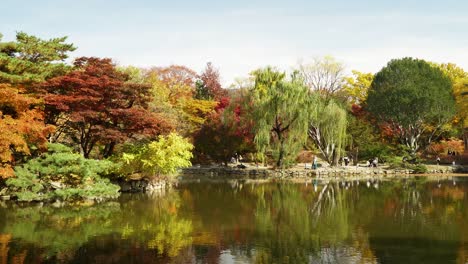 stony shore and autumn foilage of chundangji pond in changgyeonggung palace with unrecognizable people walking in a park, south korea