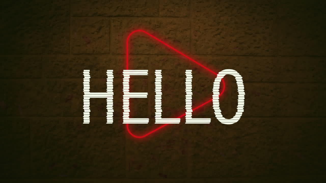 animación digital del texto de saludo sobre el icono de juego rojo neón contra la pared de ladrillo