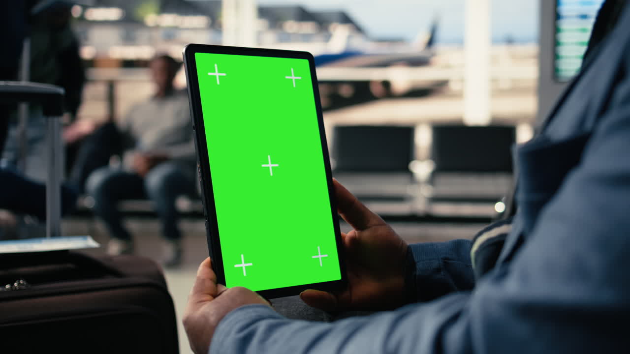 Tablet chroma key vertikal di dalam interior lounge bandara yang cerah