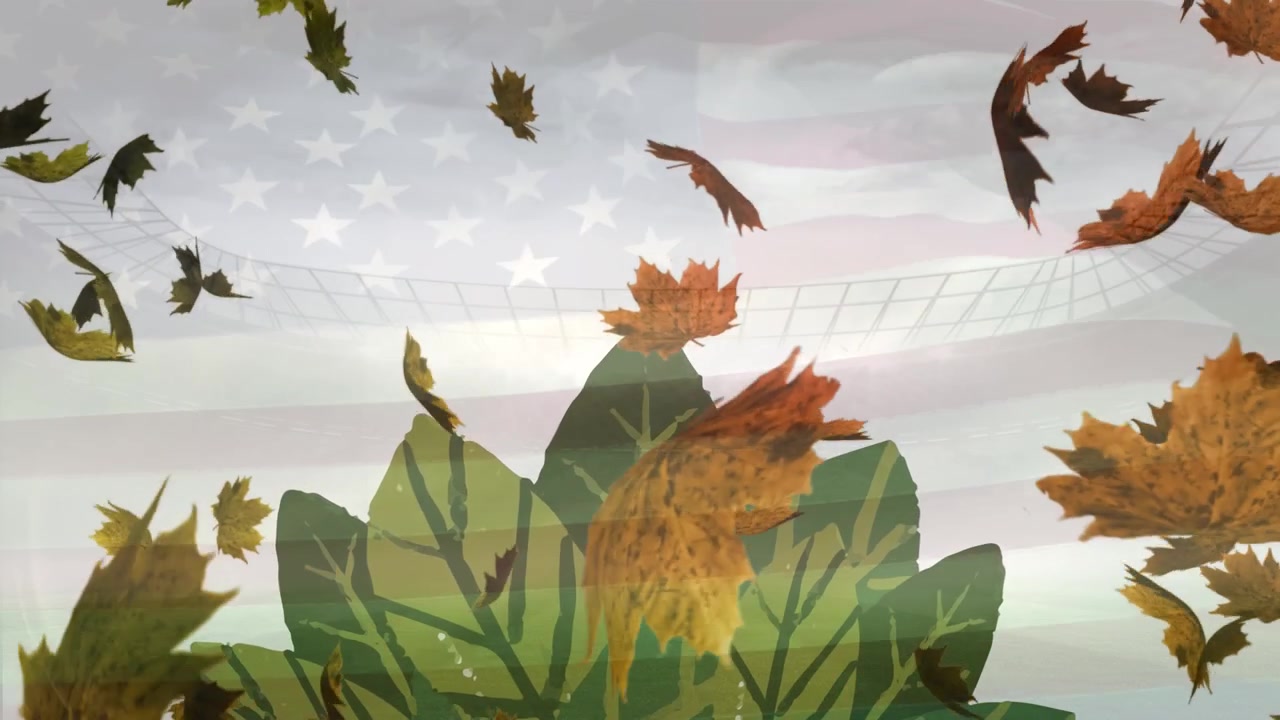 Animación de hojas sobre la bandera de EE. UU. y un estadio.