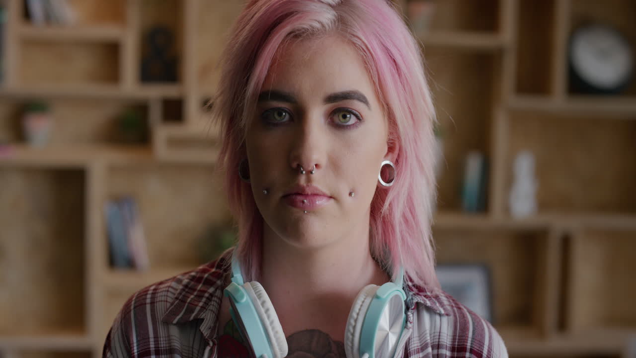 portrait of young punk woman looking at camera wearing pink funky hairstyle face piercings beautiful caucasian woman alternative fashion style individuality