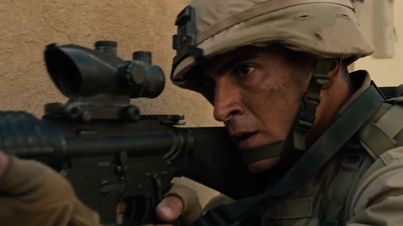 Soldier in desert town, tense and alert, scanning surroundings with rifle. Dusty streets, damaged buildings, war-torn environment. Emotion: focused, cautious, ready for danger