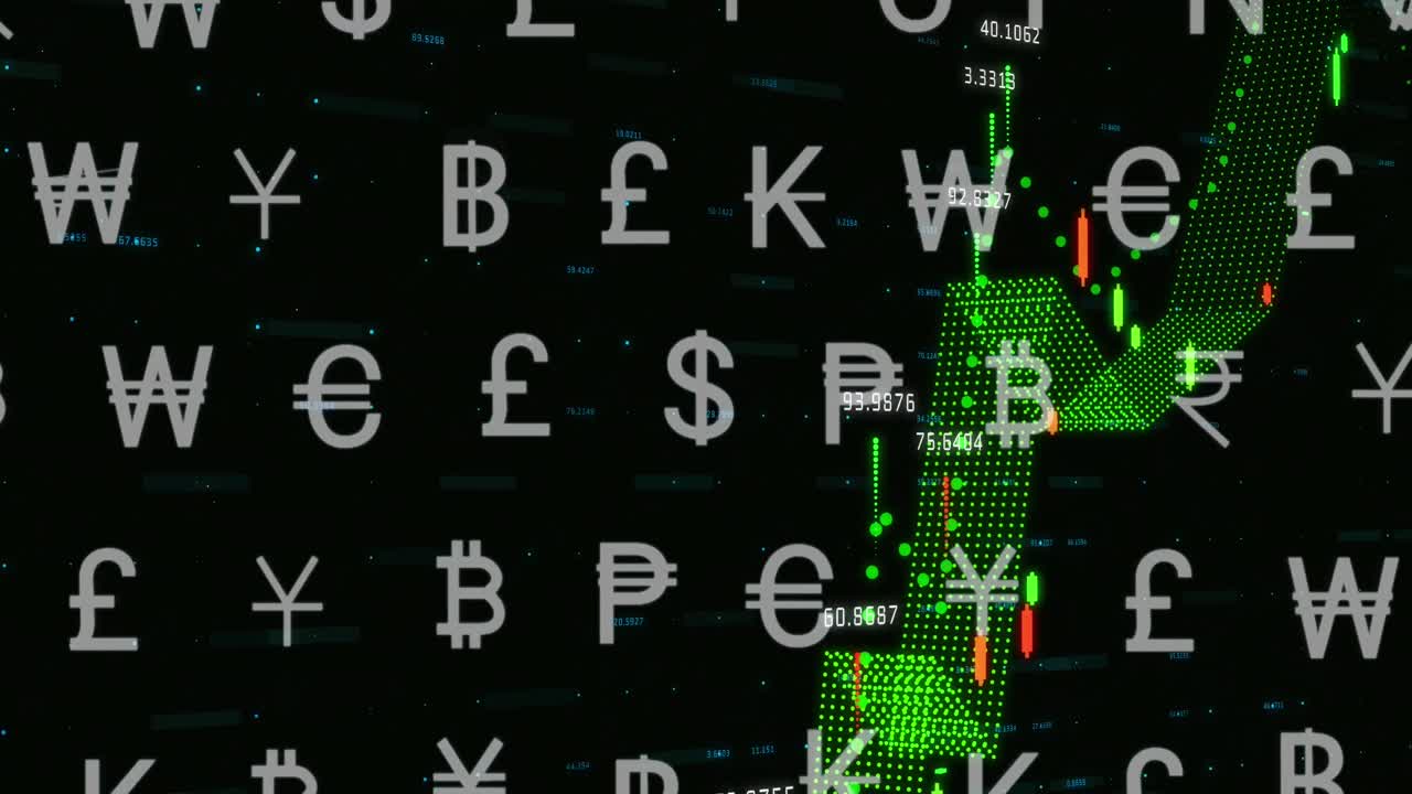 검은색 바탕에 그래프와 통화 기호의 애니메이션