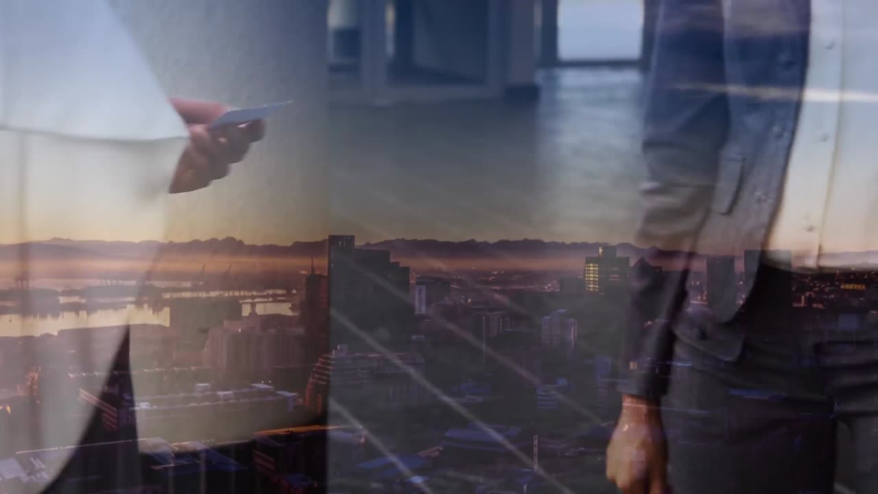 비즈니스 사람들의 디지털 구성은 배경에 도시 풍경과 함께 전 세계에 걸쳐 손을 흔들고 있습니다.