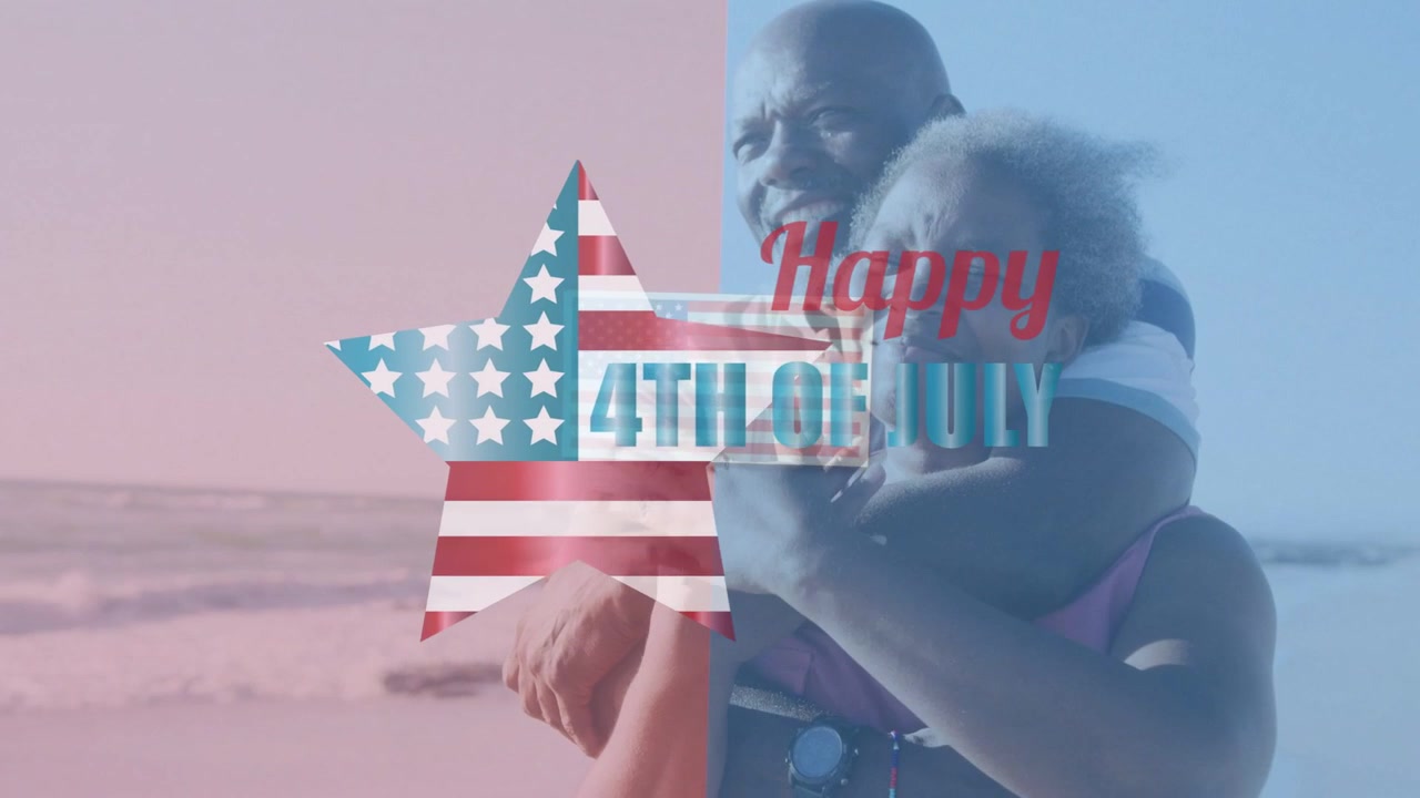 Couple hugging at beach while flag appearing, star scaling with Happy 4TH OF JULY overlaying couple