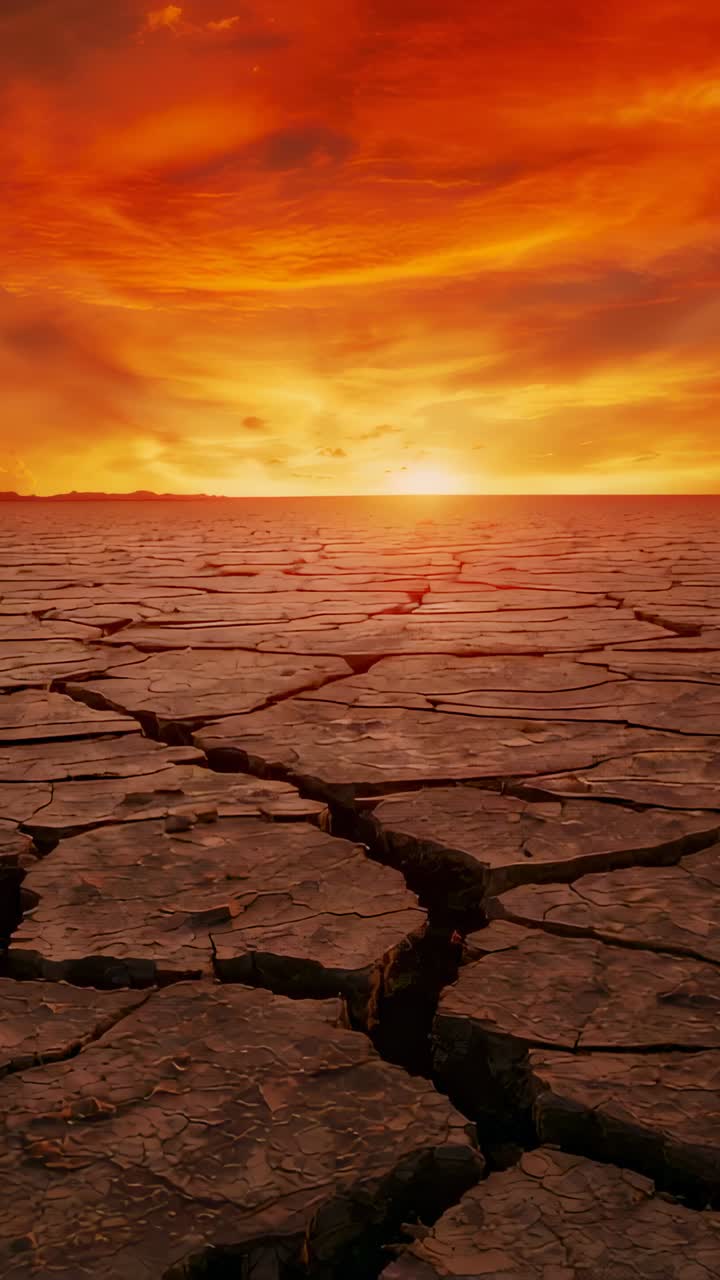 Vertical video: Pulling back camera revealing cracked playa surface, sun lighting orange clouds
