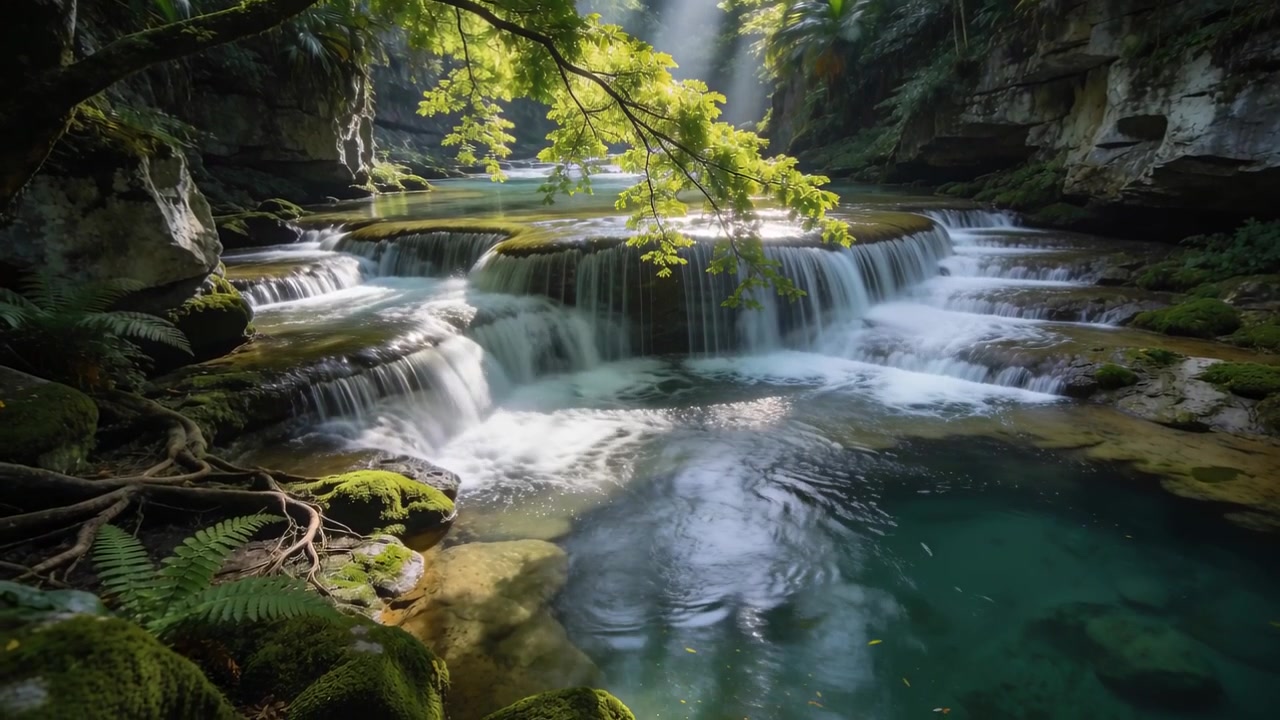 Cascata a più livelli e pozza d'acqua che canalizza il flusso a monte in una gola boschiva, formando schiuma