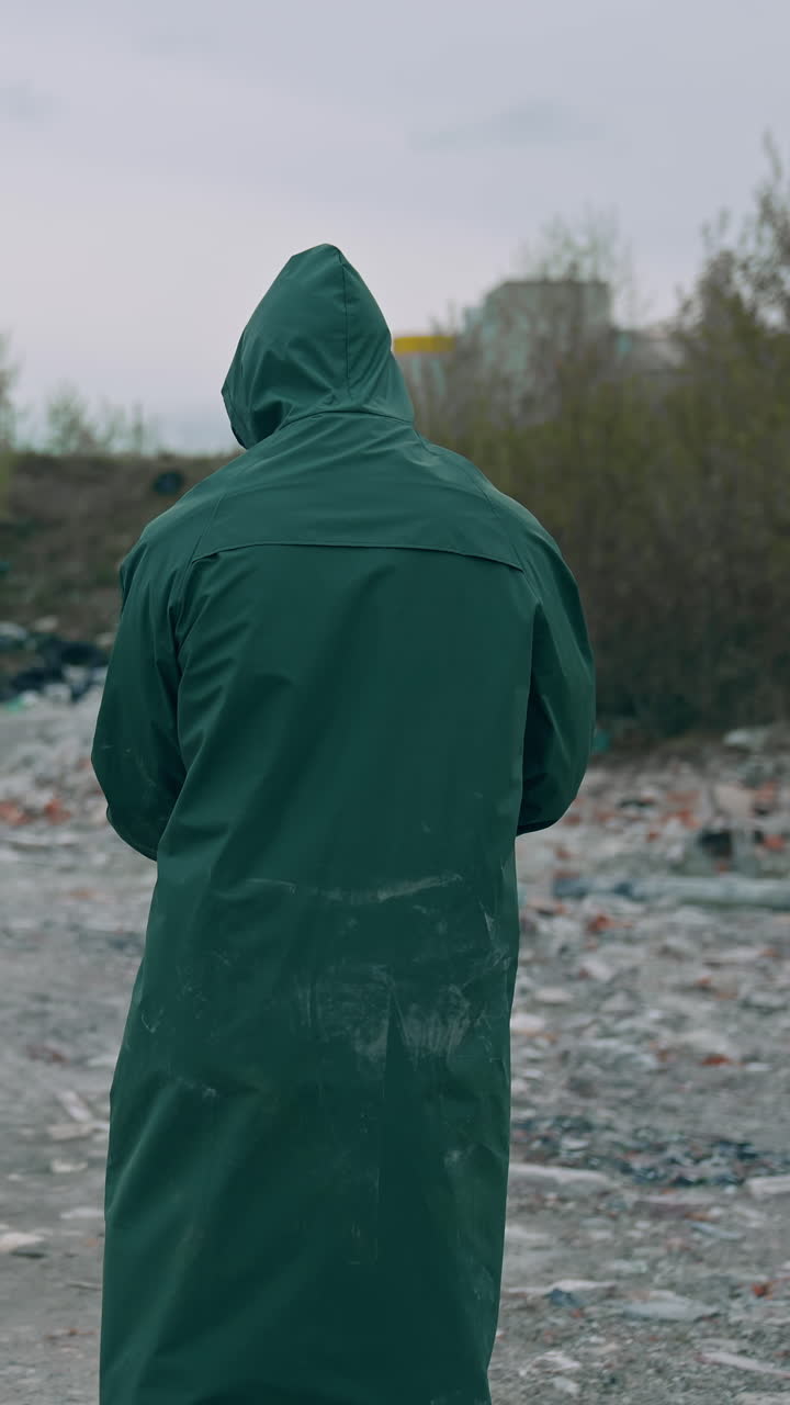 Worker in special chemical protective suite. Man in chemical protection abandoned in abandoned factory