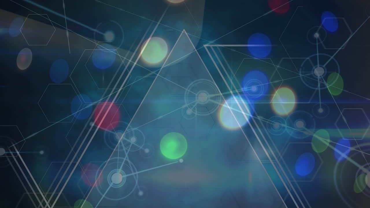 디지털 공간에서 조명, 삼각형 및 연결의 애니메이션