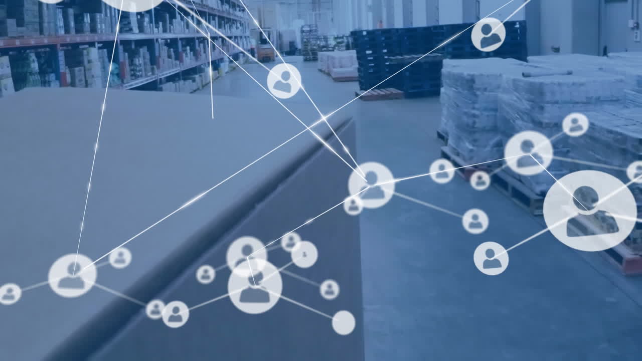 composición digital de la red de iconos de perfil contra el almacén en segundo plano