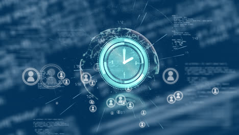 animation of clock moving over globe, glitch, data, icons and navy background