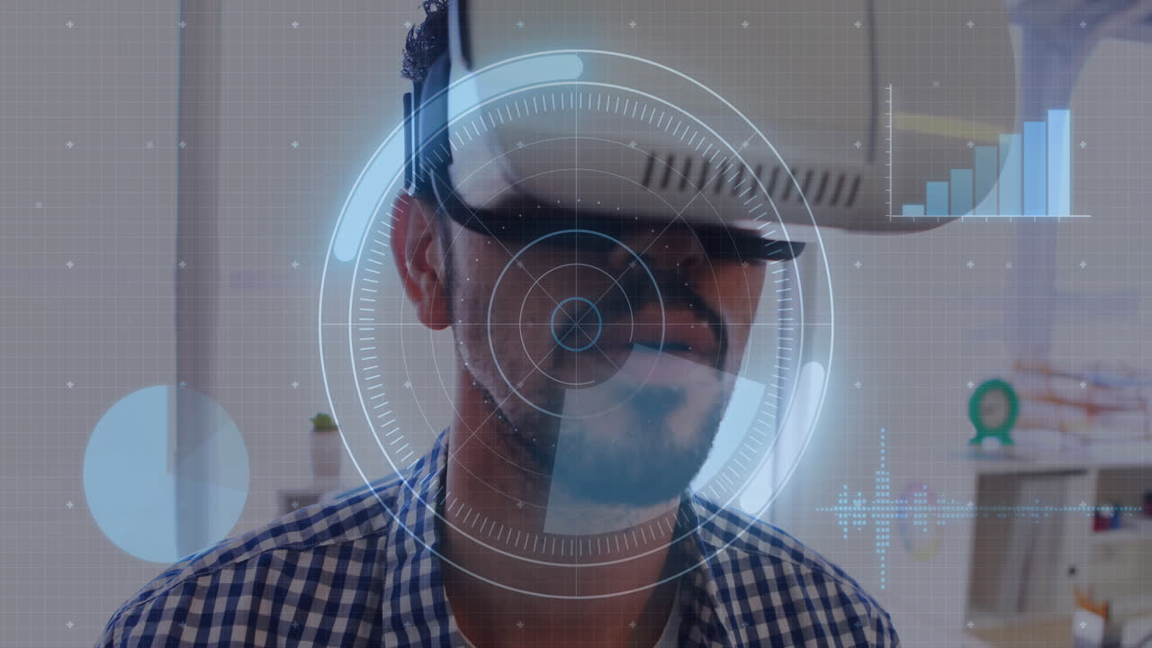 animación del escaneo del alcance y el procesamiento de datos en la pantalla sobre el hombre que usa auriculares