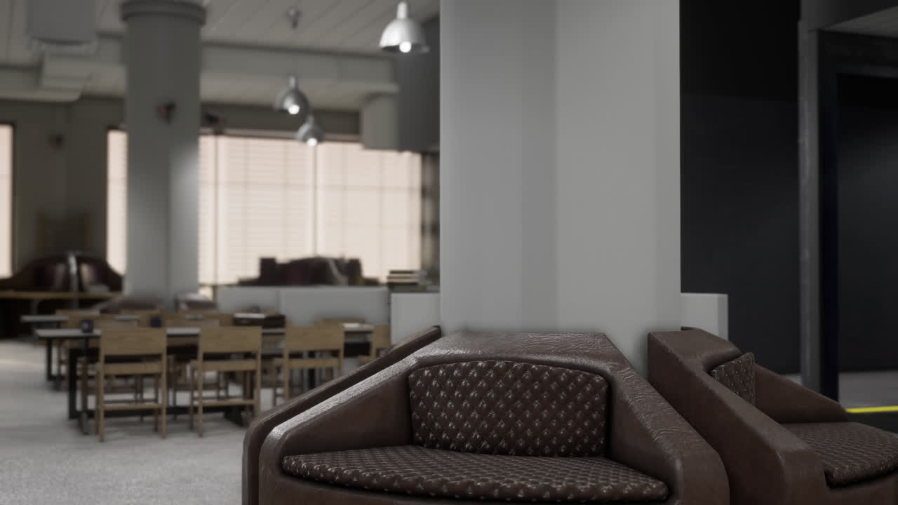Cozy seating area in a modern library with bookshelves and natural light