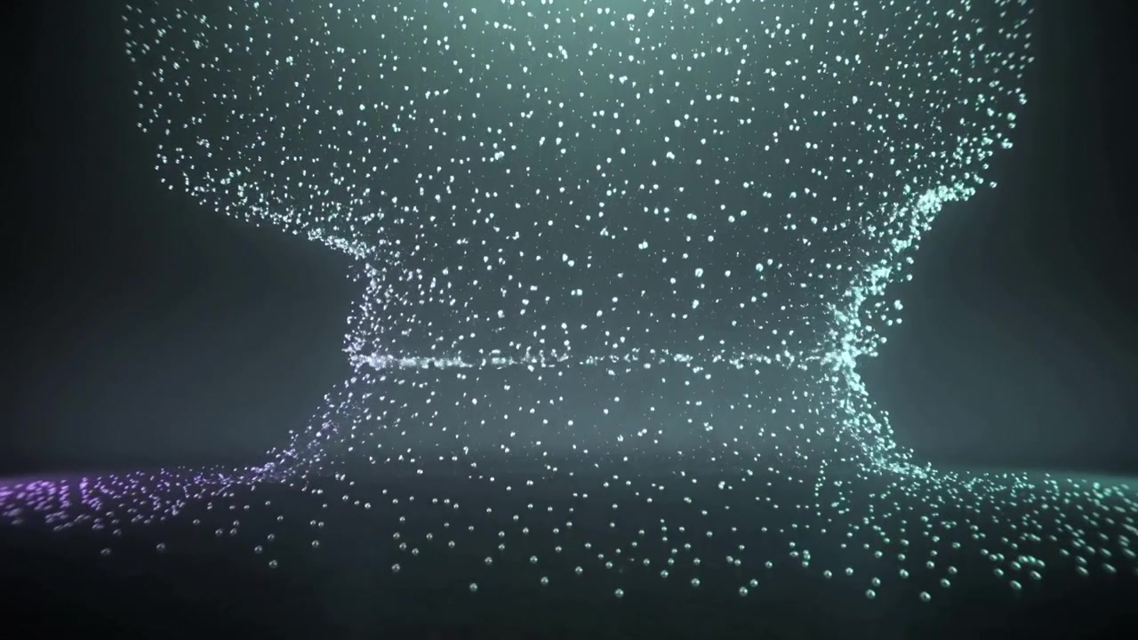 Evolving central particle cloud responding to playback start in dark studio, forming hourglass ring