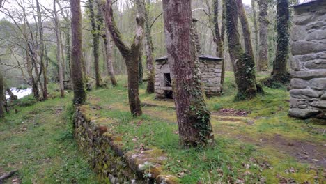 cabaña horno refugio de montaña construido con piedras cerca del río sor con bosque y robles.