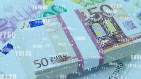 Animation-of-numbers-changing-and-bubbles-over-stacks-of-euro-currency-bills