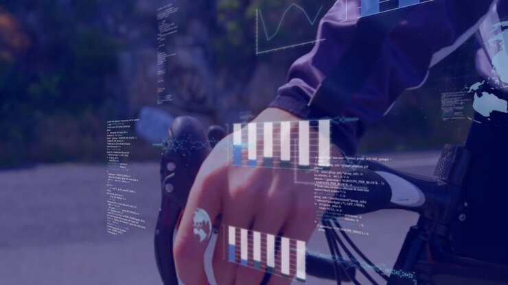 Mano che afferra il manubrio della bicicletta con animazione di grafici e diagrammi di dati sovrapposta