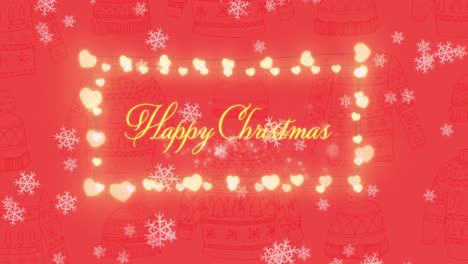Snowflakes-falling-over-Happy-Christmas-text-on-fairy-light-frame-on-red-background